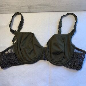Chantelle Luxury Lace Underwire Bra 36C Olive Green Sheer Side Panels French